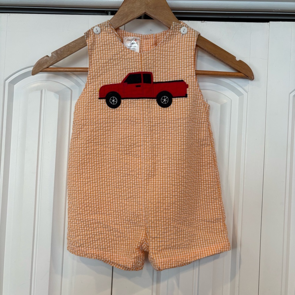Simply‎ Smock Red Truck Seersucker Romper Size 18 Months